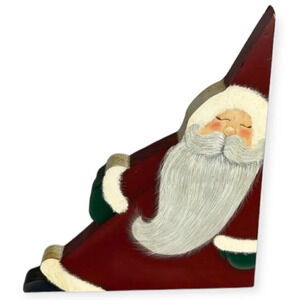 VINTAGE Handcrafted Painted Folk Art Sleeping Santa Claus Wooden Shelf Sitter